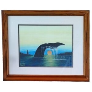 Vintage Whale Seascape Original Pastel Framed Lighthouse Sunset